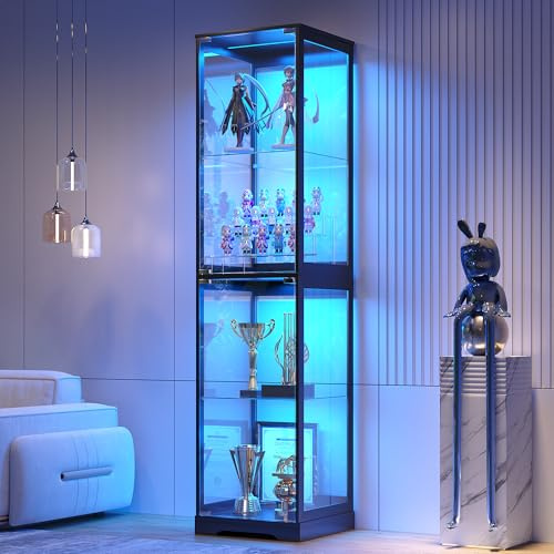 FREDEES Glass Display Cabinet with LED Lights, 165CM Tall, Black | 3-Color Lights, 4-Tier Storage Shelf, Space-Saving, for Collectibles/Toys/Books, for Living Room