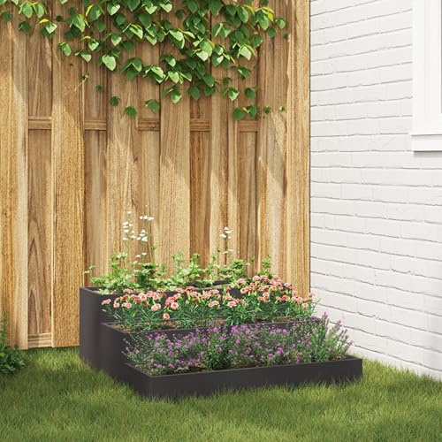 SKTQYQO Jardinera de jardín moderna 3 niveles de acero inoxidable negro 90 x 90 x 35 cm con fondo abierto para drenaje, ideal para plantas, flores y arbustos, diseño contemporáneo para exteriores