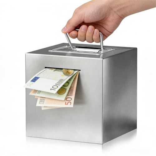 Erwachsene Edelstahl Spardose,Safe Geldsparkasse für Kinder aus Metall XXL,Safe Sparschwein zur Wiederverwendung,der Schwer zu Öffnen ist EIN Spardose Groß mit Einem Griff(Silber)