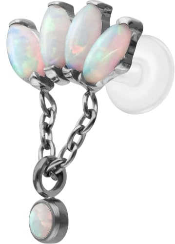 PIERCINGLINE Piercing Stecker PTFE Labret mit Innengewinde + Titan-Aufsatz LOTUSBLÜTE + SYNTHETISCHE OPALE - Roségoldfarben, Transparent, Schwarz, Goldfarben, Weiß, Silberfarben