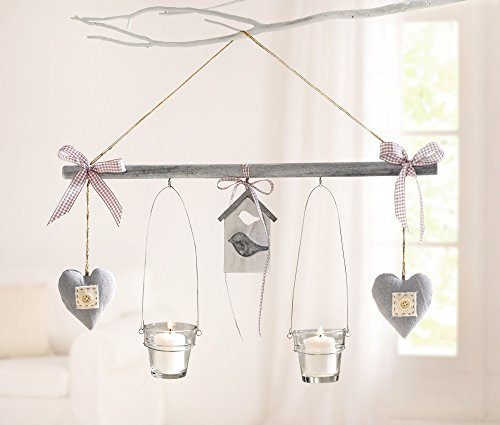 Dekoleidenschaft Deko-Hänger Vogelhaus grau aus Holz, 2 Glas-Windlichter & 2 Herzen, Teelichthalter, Kerzenhalter, Kerzenglas hängend