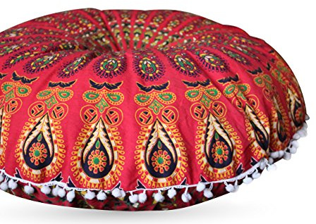 Third Eye Export 32 in Mandala Barmeri Großer runder Boden Kissenbezug Kissen Meditation Sitzmöbel Osmanischer Überwurf Hippie dekorativer böhmischer Hocker mit Reißverschluss (nur roter Bezug)