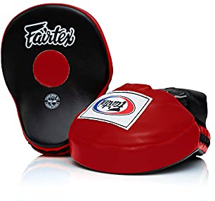 Fairtex FMV9 Contoured Focus Mitts |Striking Accuracy & Protection for Boxing, Muay Thai, Kickboxing |Ergonomic Design, Soft Padding, Secure Fit Leather -(Black/Red)
