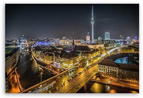 ge Bildet Bild auf Leinwand | Skyline von Berlin II - Deutschland in 120x80 cm als Wandbild XXL | Wand-deko Dekoration Wohnung modern Bilder | 3139B