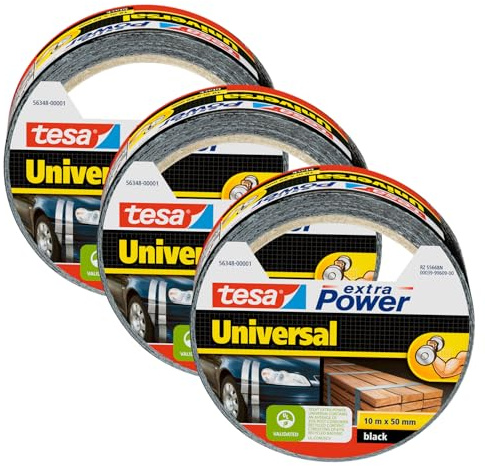 tesa Cinta Adhesiva Universal Extra Power - Celo Adhesivo con Fijación Extra Fuerte - Cinta Multiusos Versátil para Reparaciones, Fijación, Sellado y Más - Negro - 3 Rollo - 10 m x 50 mm