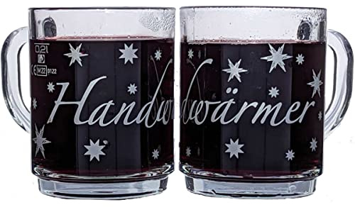 Glasveredlung Schmitz Glühweinbecher Glühweintasse 27 cl, schwere Ausführung 320 g, stapelbar, gehärtet, Füllstrich 0,2 l, Dekor Handwärmer, 12 Stück