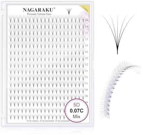 NAGARAKU Eyelash Extensions 320 Clusters Premade Fans Russian Volume Long Stem Premade Fans Thin Pointy Base Natural Pre Fanned Fluffy False Eyelash Black 16 Rows (5D 0.07 C Curl 9-14mm Mix Tray)