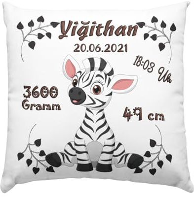 Baby Geschenk Kissen mit Namen und Geburtsdaten - Geburt Junge oder Mädchen Geburtsgeschenk Babykissen -personalisierte Babygeschenke -taufgeschenk von Taufpaten - neugeborenen Zebra Taufe