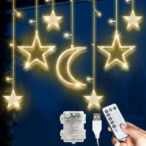 GloBrite Christmas Decorations Curtain String Lights - 138 LED Curtain w/Star & Moon Shapes, USB or Battery Powered Fairy Lights for Bedroom, Garden & Patio w/Remote, 8 Modes & Memory - Warm White