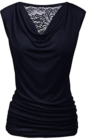 PINSPARK Camiseta sin mangas para mujer, cuello en V, blusa de cascada, camiseta sin mangas, blusa de verano, blusa informal, plisada, encaje, chaleco básico, azul marino, L
