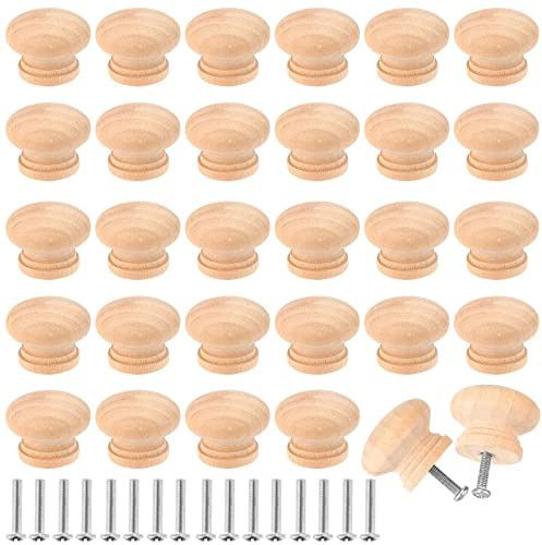 KOHAND 30 Pack Wooden Door Knobs, 35 x 25 mm Natural Wood Drawer Knobs with 30 Screws, Round Wooden Drawer Handles for Furniture Cabinet, Wardrobe, Drawer