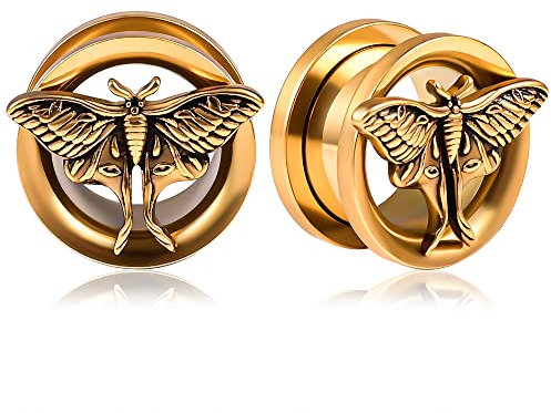 Vankula Ohr Tunnel 1 Paar Double Flared Flesh Plugs Schmetterling Edelstahl für männer damen Ohrpiercing Gestreckte Schmuck 19mm(3/4) Gold