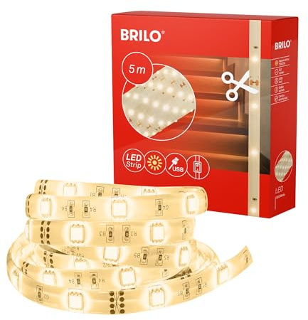 BRILONER – 5m LED Strip, LED Streifen, Deko Lichterkette, Leiste, USB Band, Warmweißes Licht, Kabelschalter, Weiß