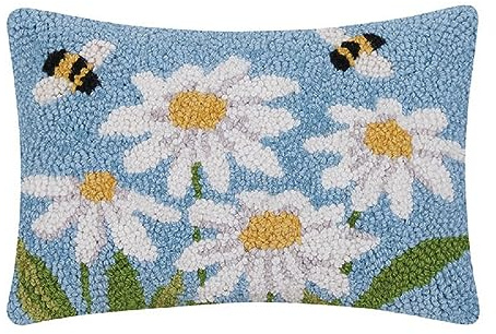 Peking Handicraft Daisies & Bees Hook Pillow, 12-inch Height, Wool and Poly Velvet, Home, Home Décor