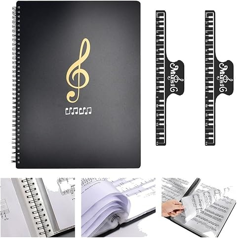 ADERTOS Carpeta de Partituras Musicales 50 Bolsillos/100 Páginas Carpeta de Anillas Negra Presentación A4 Espiral, de Polipropileno para Guardar Notas de Piano/Guitarra/Violín + 2 Clips Partituras