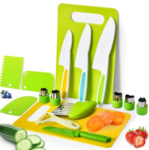 Kids Kitchen Knife Set, Kids Knife Set Include Serrated Edges Plastic Toddler Knife,Kids Knives For Real Cooking With Cutting Board (Style C)