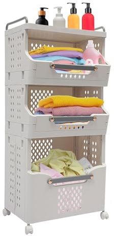 OMGGYER Wäschekorb Plastik Wäschesammler Wäschewagen Laundry Organizer, Stapelbare Wäschekorb mit Rollen, Wäschetrenner mit 3 Aufbewahrungskörbe Wäsche Sortiersystem, 41.6 * 29.7 * 88.8cm