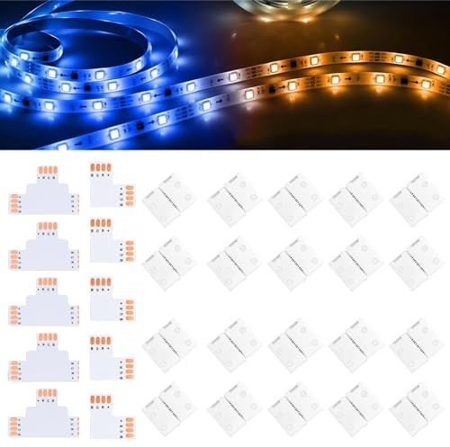 LED Strip Verbinder 4 Polig - Lötfreier Anschluss L Form, Verlängerung T Form, Adapter für 8mm Weite 3535 RGB LED Strips (8mm)