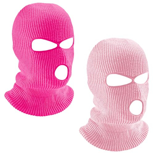 LINSOCLE 2 Piezas Pasa Montañas, Pasamontañas de 3 Agujeros, Balaclava Ski Mask Punto de Invierno Cubierta Facial cálida, Gorro de Esquí para Ciclismo Deportes al Aire Libre (Rosa Roja + Rosa)