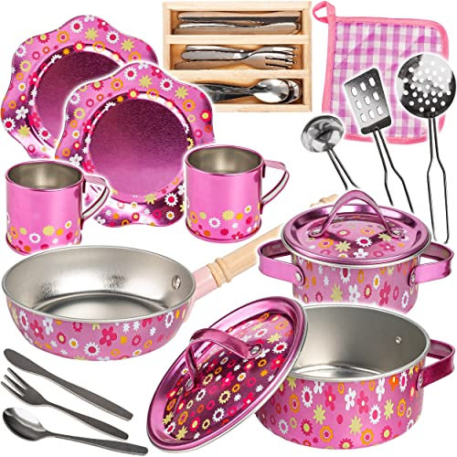 alles-meine.de GmbH 26 TLG. großes Set Kochset & Topfset + Puppengeschirr/Kochtopfset - Bunte Blumen - aus Metall/Emaille - echte Blech Töpfe/Panne + Küchenhelfer - Kochg..