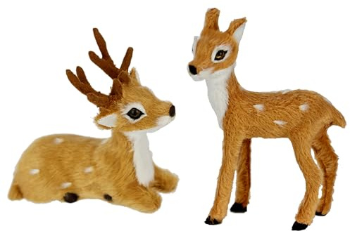 Tierfigur REH aus Kunstfell Realistisches Waldtier Statue Ornamente niedliches Pelz Plüschtier Wald-Pelztier Weihnachtsdeko Winterdeko, 2er Set
