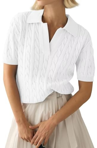 LACOZY Lapel Collared Ribbed Sweater Tops Light Pink Shirt Sweaters Short Sleeve for Women Summer Sweaters White S