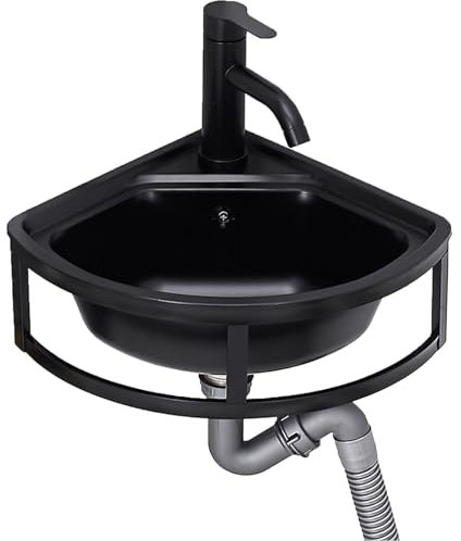 Generisch Kleines Eckwaschbecken, dreieckiges Waschbecken aus Edelstahl, Mini-Waschbecken für Badezimmer mit Warm- und Kaltwasserhahn, schwarzes Wandwaschbecken für Küche, Toilette, Hotel