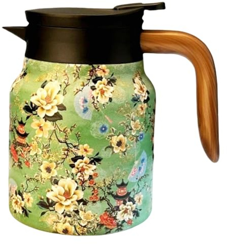 Gazocua Thermokaraffe Für Heiße Getränke, Tee-Thermoskanne Mit Teesieb, Vintage-Blumenmuster, Karaffe Für Heiße Flüssigkeiten, Isolierte Kaffeekaraffen, 1000 Ml Getränkespender Mit Tee-Ei Und Sieb