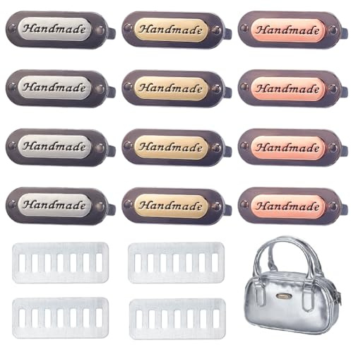 WEBEEDY 12 Set Handmade Metal Labels with Shim, Handmade Tags Crochet Tags for DIY Sewing Craft, Crochet Bag, Purse, Handbag, Tote, Backpack, Clothing Handmade Decorative Tag, Rose Gold/Gold/Silver