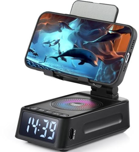 DiKaou Gifts for Men Women, Phone Stand with Bluetooth Speaker&Clock, Birthday Gifts for Him, Phone Holder with Wireless Speaker, Ideal for Dad Mom Husband Boy, Cool Tech Gadget for Men