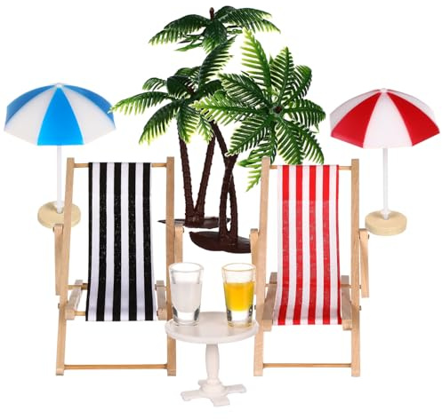 Ensemble D’Ornements de Plage Miniatures Transat Miniature, Résine | Palmiers Miniatures, Mini Palmier, Mini Set de Plage, Office et Jardin Miniature