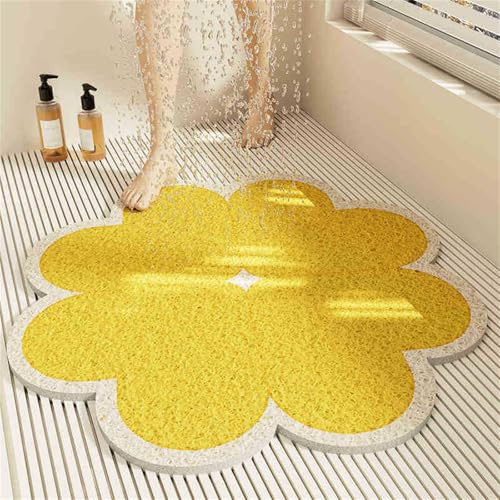Odot Tapis de Douche Antidérapant, Motif de Trèfle Tapis de Bain/Baignoire en Luffa PVC Séchage, Douche Rapide Doux avec Trou de Drainage pour Intérieure et Zones Humides (Jaune,50x50cm)