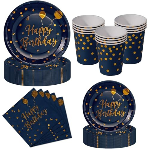 Nkaiso Platos y Vasos para Cumpleaños, 50 Piezas Azul Marino Oro Platos Carton Desechables, 10x 23cm & 10 x 18cm Platos Fiesta, 10 Vasos, 20 Servilletas - Para decoración de cumpleaños -10 Invitados
