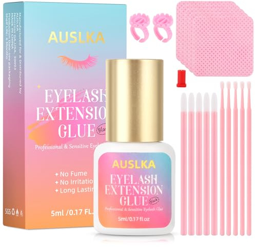 AUSLKA Eyelash Extensions Glue Black, 1-2 Sec Fast Dry, Sensitive Lash Glue - Waterproof Eyelash Adhesive, 6-8 Weeks Long Lasting, Professional Lash Extension Supplies,5ml