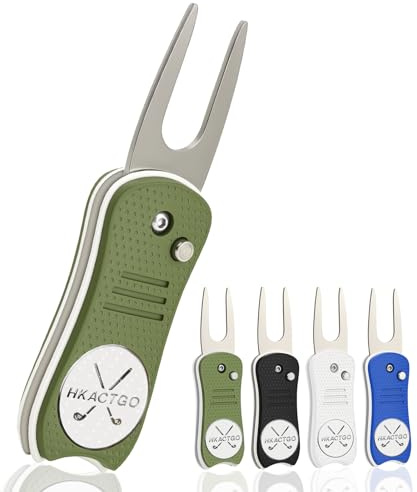 HKACTGO Golf-Pitchgabel-Reparaturwerkzeug mit Premium-Metall-Geschenkbox, robuster 2-lagiger Edelstahl und ABS, dickere und härtere Zinken, faltbar, magnetischer Ballmarker, Grün