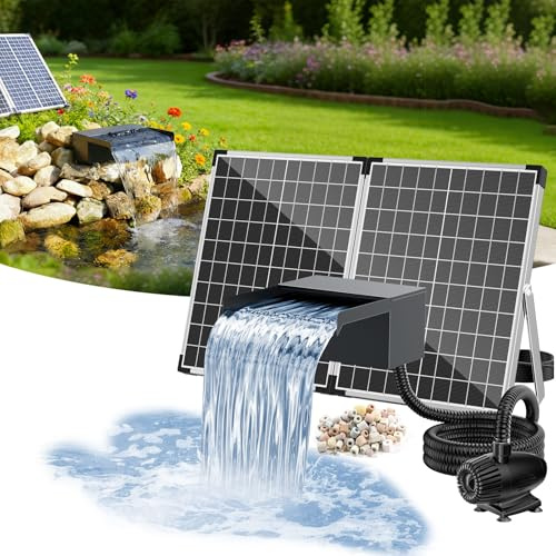 POPOSOAP Solar Pond Waterfall Kit 55W, 304 Stainless Steel Spillway Box with Multi-Filtration, Pond Pump with Filter System, 9.8ft Reinforced PU Corrugated Hose for Garden Water Features