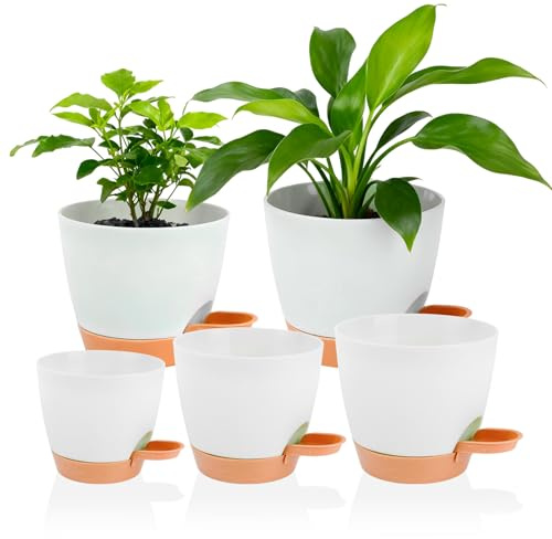SANDERLA 5 Pack Self Watering Plant Pots Indoor, Plant Pots with Drainage Holes and Saucer, Modern Plastic Flower Pots for Indoor Outdoor Use (White)