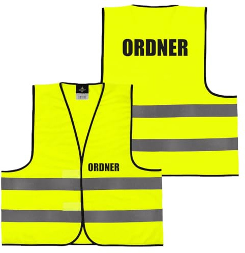 Ordner Warnweste mit Aufdruck – Sicherheitsweste 5er oder 10er Set – Rücken- & Frontdruck möglich – Warnschutzweste in Gelb oder Orange – Größen XS bis 6XL – Ideal für Veranstaltungen & Security