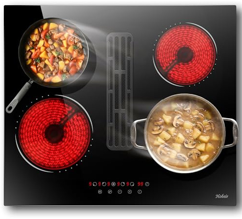 Hobsir Ceramic Hob with Extractor Hood, 4 Zones Ceramic Electric Hob 6000W with 9 Power Levels, Child Lock, Timer