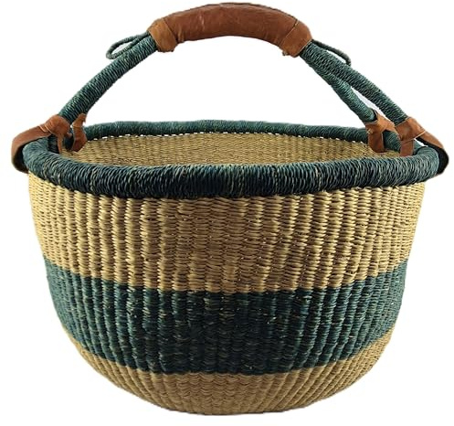 Stor Rund Bolga-Korg ca. Ø 40 x 40 cm – Handgjord i Ghana – Fairtrade – Kundkorg med Läderhandtag – Mörkgrön-Naturlig