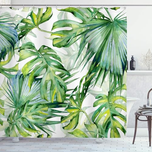OCEUMACO Tenda Doccia Antimuffa 240x200 cm Grande Tessuto in Poliestere Foglie di Palme Monstera Verde Tenda per Doccia Stoffa Impermeabile Tende Vasca da Bagno con Anelli Lavabile Lavatrice