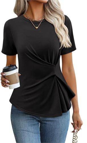 siliteelon Peplum Tops for Women Black Blouses for Women Casual Short Sleeve Crewneck Dressy Casual Elegant Trendy 2026 Business Work Office Spring Summer Large Wrap Tops