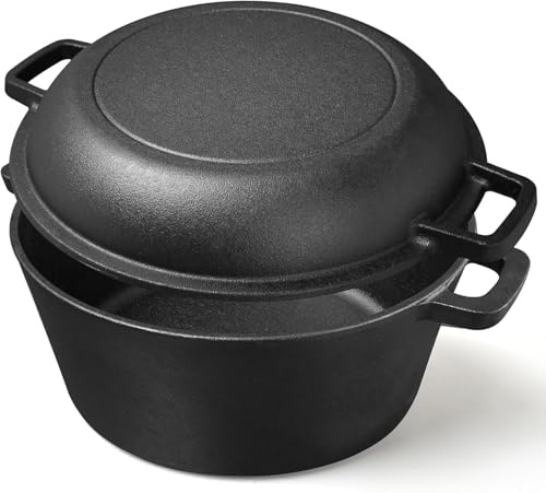 Gusseisener Topf 4,5 Liter All-in-One Deckel als Pfanne, ideal für Brotbacken, Eintopf & Schmortopf – Kompatibel mit Induktion, Gas, Camping, Feuer, BBQ & Grill (26CM)