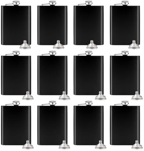 Lot de 12 Flasques de Poche Noir Mat en Inox 230 ml avec Entonnoirs | Flasques Hermétiques et Anti-Fuite de 8 oz pour Whisky et Rhum, Cadeaux de Mariage, Témoins, Voyage, Randonnée et Camping