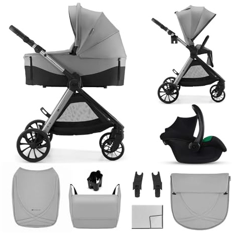 Kinderkraft VESTO 2 Kombibarnvagn, 3-i-1, buggy med babybadkar och bilstol, MINK PRO 2, från födseln upp till 22 kg, vändbar sportsits, resesystem, fjädrings, EVA-hjul, vikbar, grå