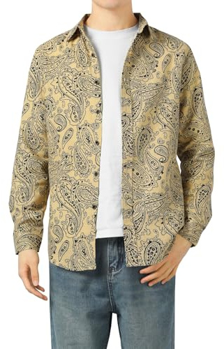 Camisa Impresa Casual para Hombre Camisas de Manga Larga de Paisley Funky con Estampado de Lino Camisa de Vestir con Botones Botones Patrón único