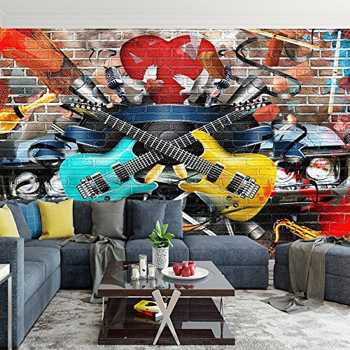 VLIES FOTOTAPETEN - WANDTAPETEN 3D GITARRE MAUER GRAFFITI KN-1337 (S 200cm(B) x 140cm(H) 4-Bahne)