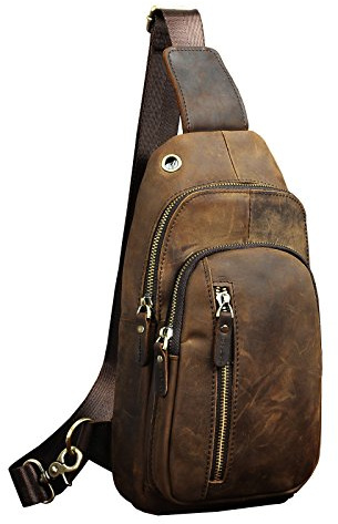 Le'aokuu Hombres Piel Cuero Bolsa de Viaje y al Aire Libre Bolsos Cruzados Bolsa de Tableta/Paraguas/té Bolsa de Pecho y Hombro una Mochila Correa para el Hombro Cruz Cuerpo 8005 (8005 A-marrón)
