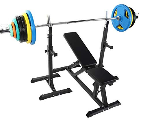GORILLA SPORTS® Hantelbank - mit Gewichten, Ablage, Hantelset 150 kg, Olympia Langhantelstange 50mm, Gummi Hantelscheiben, Verstellbar - Trainingsbank, Flachbank, Schrägbank, Drückerbank, Fitnessbank