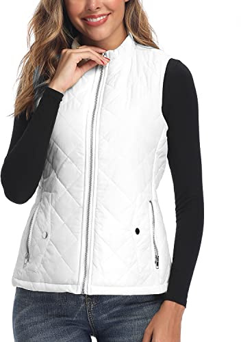 Argstar Women's Quilted Puffer Vest with 4 Pockets, Stand Collar Lightweight Zip Padded Outerwear Gilet White M
